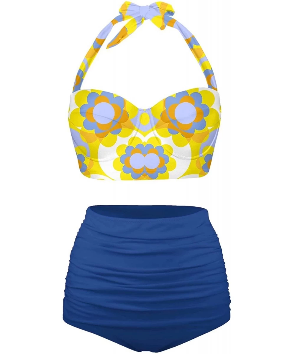 Sets Womens Cute Sunflowers Summer Halter Bikini Push up High Waisted Swimsuits - Royalblue - CF196RC2HHA