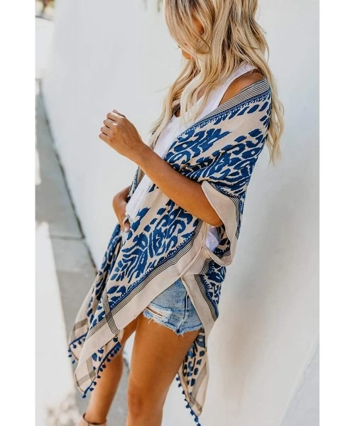 Cover-Ups Women's Beach Swimwear Cover Up Kimono Loose Tops Floral Blouse Cardigan - Blue - C018SYLU2IS