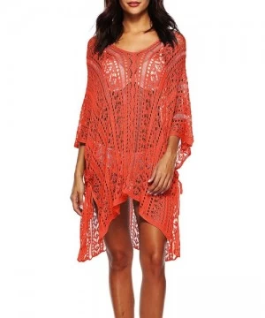 Cover-Ups Women's Plus Size V-Neck Crochet Knitted Loose Tunic Swimsuit Cover Ups Swimwear Beach Dress - Orange - CA18OZOAW9N