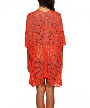 Cover-Ups Women's Plus Size V-Neck Crochet Knitted Loose Tunic Swimsuit Cover Ups Swimwear Beach Dress - Orange - CA18OZOAW9N