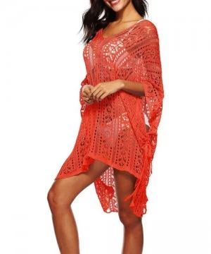 Cover-Ups Women's Plus Size V-Neck Crochet Knitted Loose Tunic Swimsuit Cover Ups Swimwear Beach Dress - Orange - CA18OZOAW9N