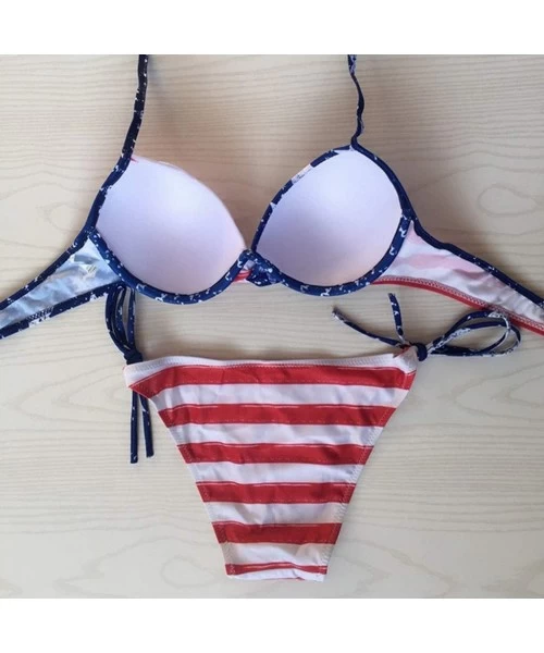 Sets Women Two Pieces Bikini Set Push Up Top Tie Side Thong Swimwear for Stars Stripes The Fourth of July - Blue - C018RXZMKZ8