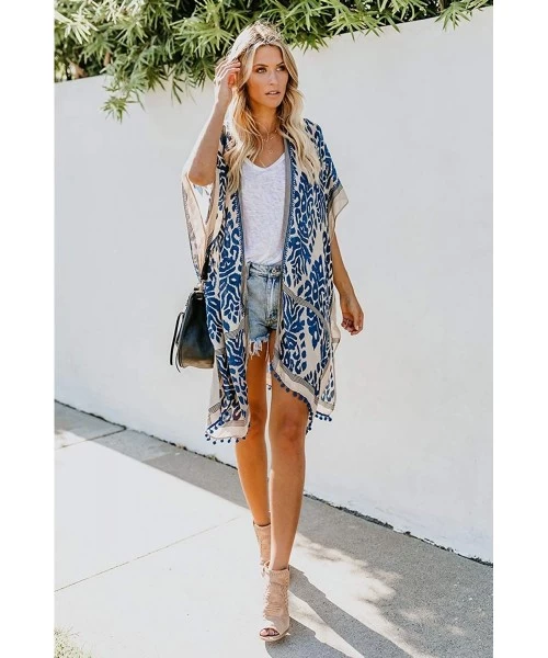 Cover-Ups Women's Beach Swimwear Cover Up Kimono Loose Tops Floral Blouse Cardigan - Blue - C018SYLU2IS