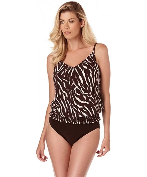 Tankinis Women's Swimwear On Safari Justina Blouson Style V Neck Tankini Top with Soft Cup Bra and Adjustable Straps Black/Ro...