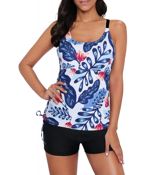 Tankinis Tankini Swimsuits for Women with Shorts Two Piece Athletic Bathing Suits Floral Print Swimwear - Blue - CJ1938S6XIK