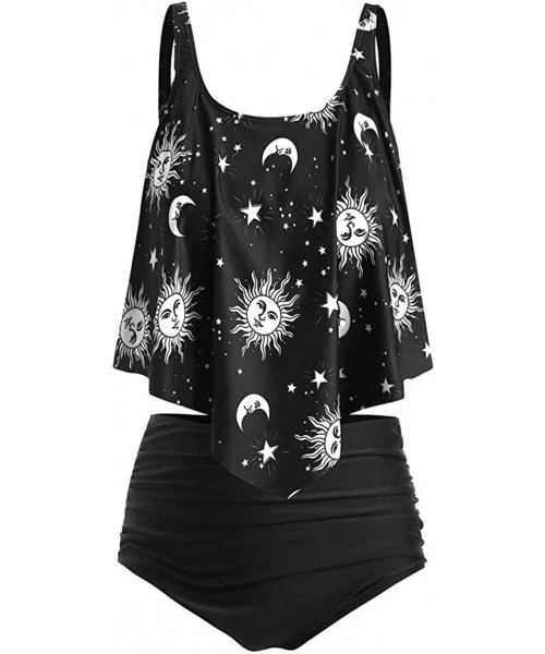 Sets Women's Plus Size Bikini Set Printed Two Piece Ruffled Crop Top High Waisted Bottom Bathing Suits Beachwear Black - C519...