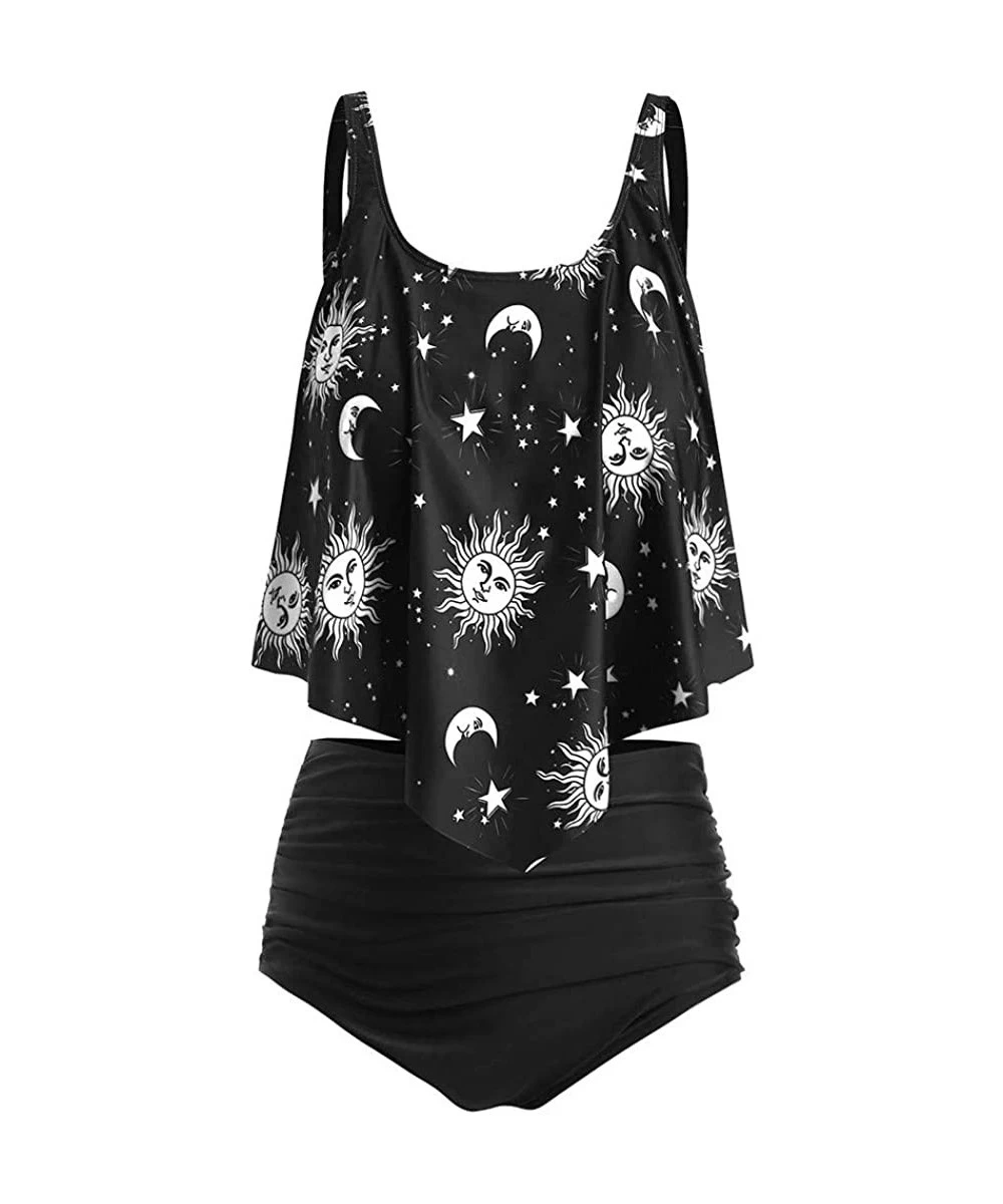 Sets Women's Plus Size Bikini Set Printed Two Piece Ruffled Crop Top High Waisted Bottom Bathing Suits Beachwear Black - C519...