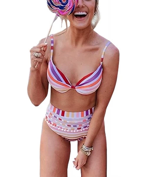 Sets Womens Colorful Bikini Set High Waist Padded Stripe Tassel Swimsuit Two Pieces Swimwear - Z-stripe - CO18WON3AM2