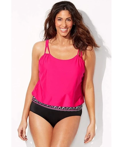 Tankinis Women's Plus Size Loop Strap Blouson Tankini Set - Pink - C218OCX3YNI