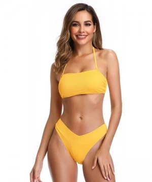 Sets Women's Bathing Suit Lace up Bandeau Bikini Ribbed Two Piece Swimsuit - Yellow - CK18SZEK229