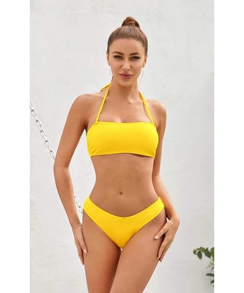 Sets Women's Bathing Suit Lace up Bandeau Bikini Ribbed Two Piece Swimsuit - Yellow - CK18SZEK229