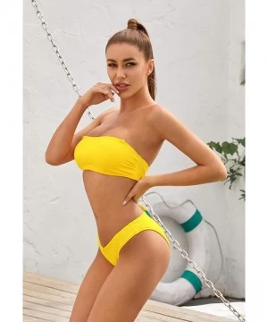 Sets Women's Bathing Suit Lace up Bandeau Bikini Ribbed Two Piece Swimsuit - Yellow - CK18SZEK229