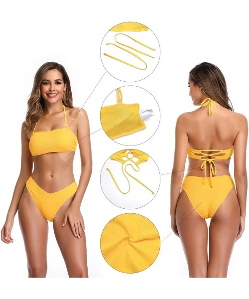 Sets Women's Bathing Suit Lace up Bandeau Bikini Ribbed Two Piece Swimsuit - Yellow - CK18SZEK229