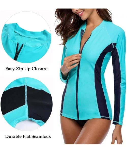 Rash Guards Women's Zip Front Rash Guard Long Sleeve Swim Shirt UPF 50+ - Aqua - CZ18GTNZE7U