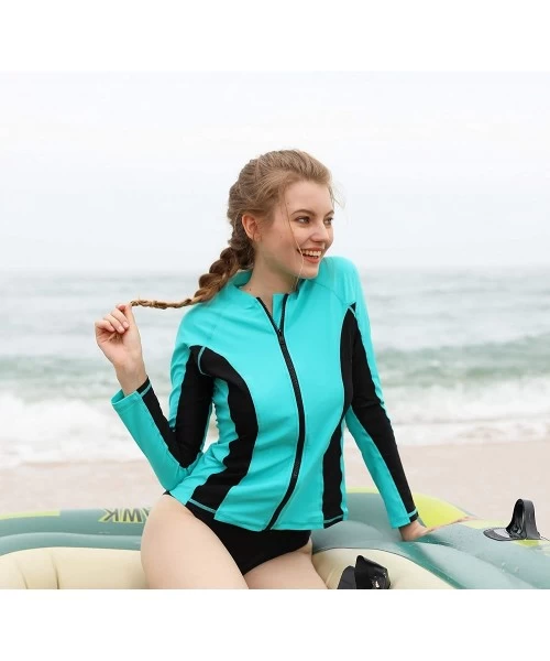 Rash Guards Women's Zip Front Rash Guard Long Sleeve Swim Shirt UPF 50+ - Aqua - CZ18GTNZE7U