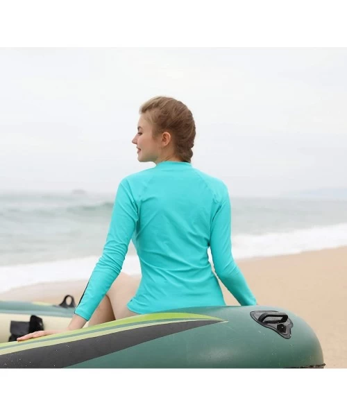 Rash Guards Women's Zip Front Rash Guard Long Sleeve Swim Shirt UPF 50+ - Aqua - CZ18GTNZE7U