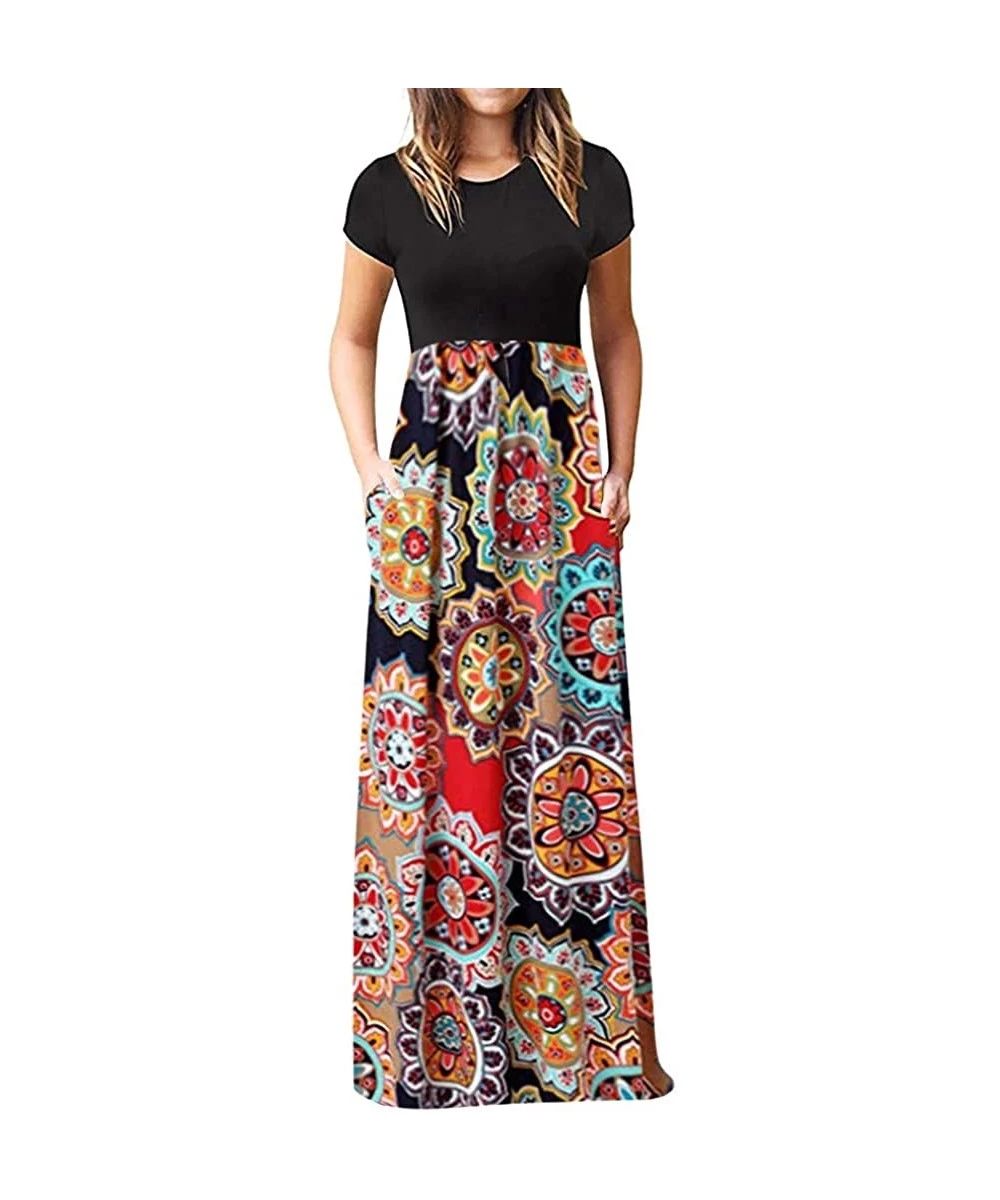 Cover-Ups Shirt Dress for Women- Casual Short Sleeve Empire Waist Maxi Dresses Long Dresses with Pockets - Multi Color - CT18...