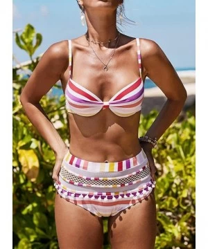 Sets Womens Colorful Bikini Set High Waist Padded Stripe Tassel Swimsuit Two Pieces Swimwear - Z-stripe - CO18WON3AM2