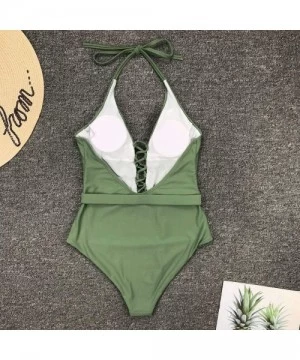 Sets Womens One Piece Swimsuits V Neck Cutout Lace Up Halter Belt High Waist Swimwear - Green - C9194C7UZ66