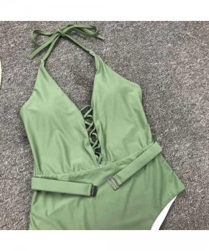 Sets Womens One Piece Swimsuits V Neck Cutout Lace Up Halter Belt High Waist Swimwear - Green - C9194C7UZ66