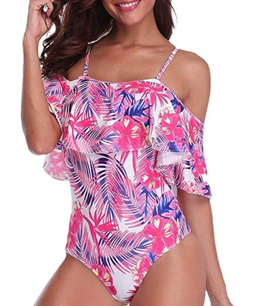 Racing Womens One Piece Swimsuits Bohemian Printed Tummy Control Ruffled Swimwear Off Shoulder Halter Monokini Bathing Suits ...