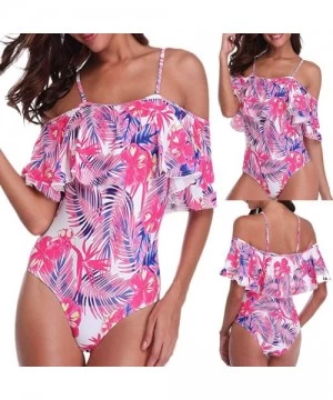 Racing Womens One Piece Swimsuits Bohemian Printed Tummy Control Ruffled Swimwear Off Shoulder Halter Monokini Bathing Suits ...