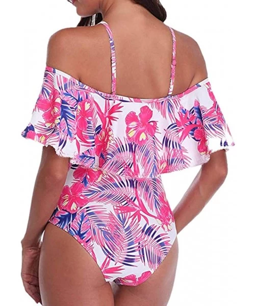 Racing Womens One Piece Swimsuits Bohemian Printed Tummy Control Ruffled Swimwear Off Shoulder Halter Monokini Bathing Suits ...