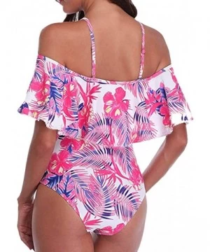 Racing Womens One Piece Swimsuits Bohemian Printed Tummy Control Ruffled Swimwear Off Shoulder Halter Monokini Bathing Suits ...