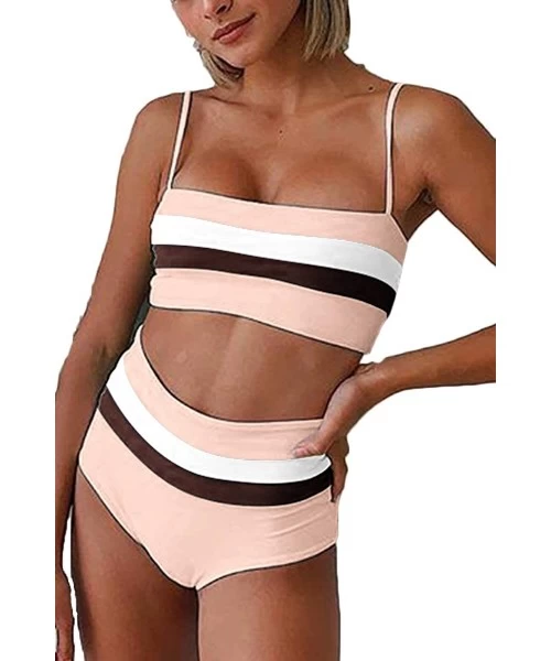 Sets Women's Striped Colorblock High Waist Bikini Sets Two Piece Swimsuits - Pink - C218RL04RZY