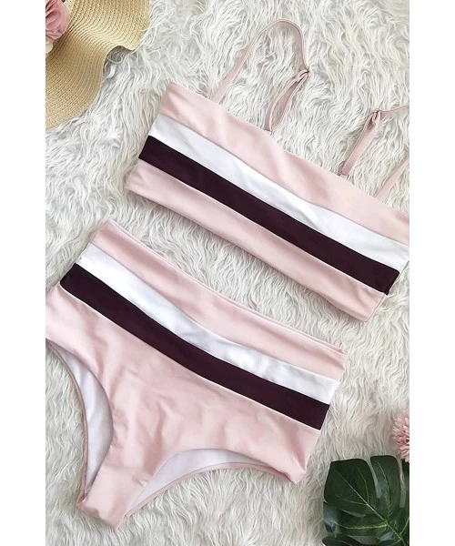 Sets Women's Striped Colorblock High Waist Bikini Sets Two Piece Swimsuits - Pink - C218RL04RZY