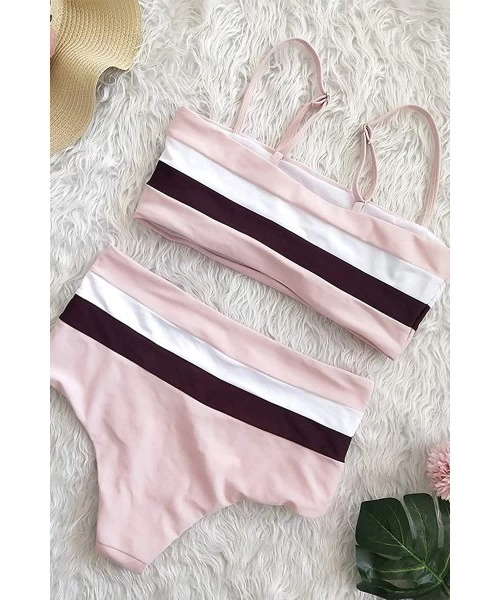 Sets Women's Striped Colorblock High Waist Bikini Sets Two Piece Swimsuits - Pink - C218RL04RZY