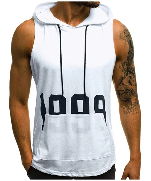 Trunks Men's Workout Hooded Tank Tops Bodybuilding Muscle Cut Off T Shirt Sleeveless Gym Hoodies - White B - CP194G22ILW