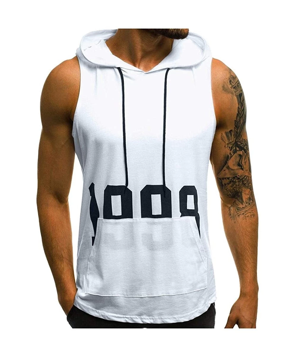 Trunks Men's Workout Hooded Tank Tops Bodybuilding Muscle Cut Off T Shirt Sleeveless Gym Hoodies - White B - CP194G22ILW