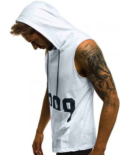 Trunks Men's Workout Hooded Tank Tops Bodybuilding Muscle Cut Off T Shirt Sleeveless Gym Hoodies - White B - CP194G22ILW