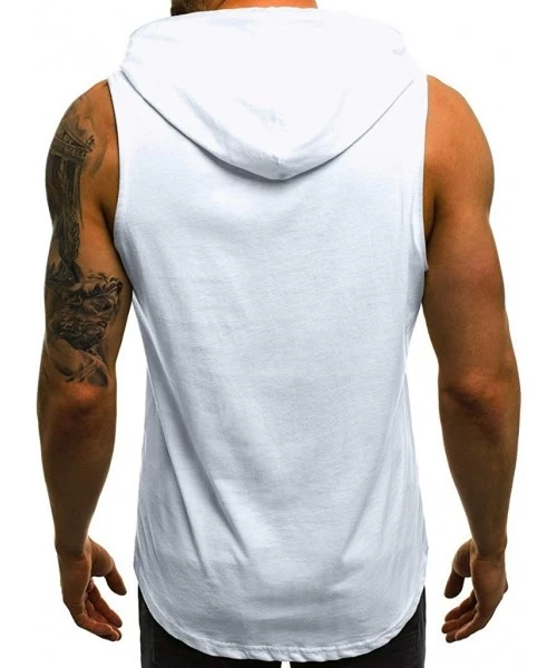 Trunks Men's Workout Hooded Tank Tops Bodybuilding Muscle Cut Off T Shirt Sleeveless Gym Hoodies - White B - CP194G22ILW