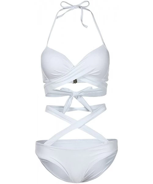 Sets Women's Bikini Swimsuit Criss Cross Halter Push up Padded Top with Bathing Suit Bottom - White - CR18NSEG2Y6