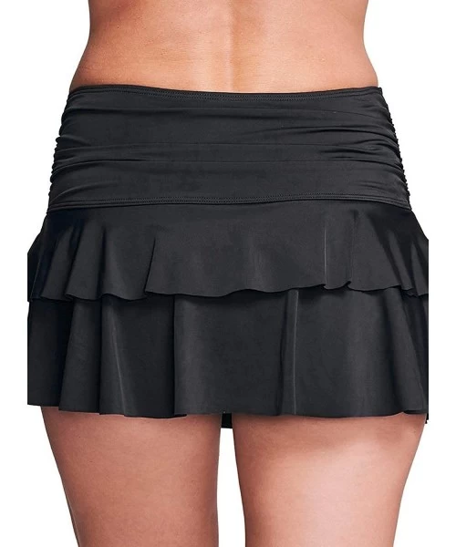 Bottoms Women's Solid Swim Skirt Ruching Waistband Side Slit Skirted Bikini Bottom Swimdress - Black - C418TIMNQ4H