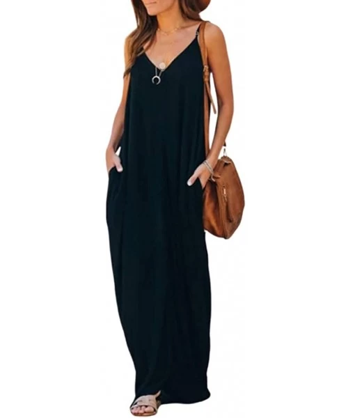 Cover-Ups Womens Casual Strappy V Neck Sleeveless Flowy Pockets Loose Long Maxi Beach Dress Sundress - 01 Black - CI18Q8RIEM5