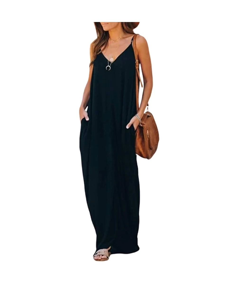 Cover-Ups Womens Casual Strappy V Neck Sleeveless Flowy Pockets Loose Long Maxi Beach Dress Sundress - 01 Black - CI18Q8RIEM5