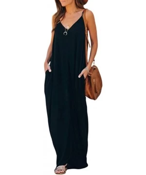 Cover-Ups Womens Casual Strappy V Neck Sleeveless Flowy Pockets Loose Long Maxi Beach Dress Sundress - 01 Black - CI18Q8RIEM5