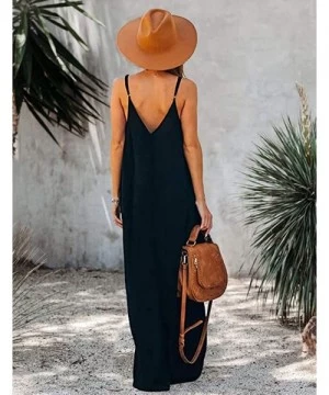 Cover-Ups Womens Casual Strappy V Neck Sleeveless Flowy Pockets Loose Long Maxi Beach Dress Sundress - 01 Black - CI18Q8RIEM5