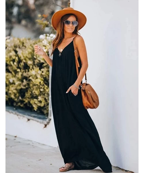 Cover-Ups Womens Casual Strappy V Neck Sleeveless Flowy Pockets Loose Long Maxi Beach Dress Sundress - 01 Black - CI18Q8RIEM5