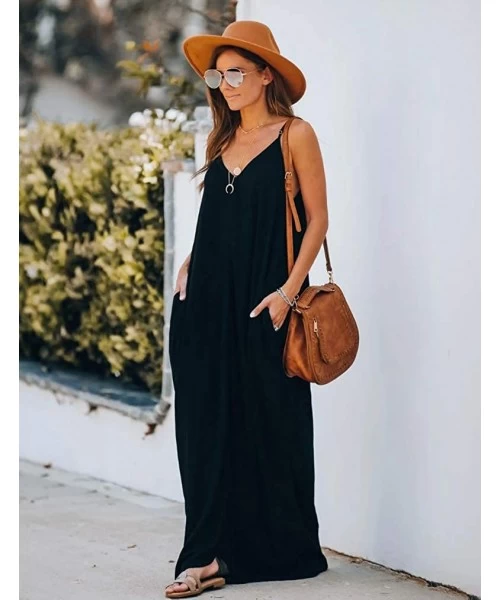 Cover-Ups Womens Casual Strappy V Neck Sleeveless Flowy Pockets Loose Long Maxi Beach Dress Sundress - 01 Black - CI18Q8RIEM5