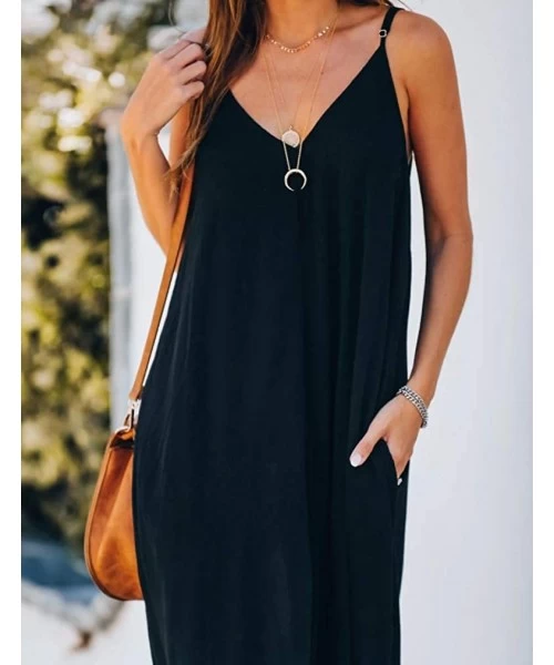 Cover-Ups Womens Casual Strappy V Neck Sleeveless Flowy Pockets Loose Long Maxi Beach Dress Sundress - 01 Black - CI18Q8RIEM5