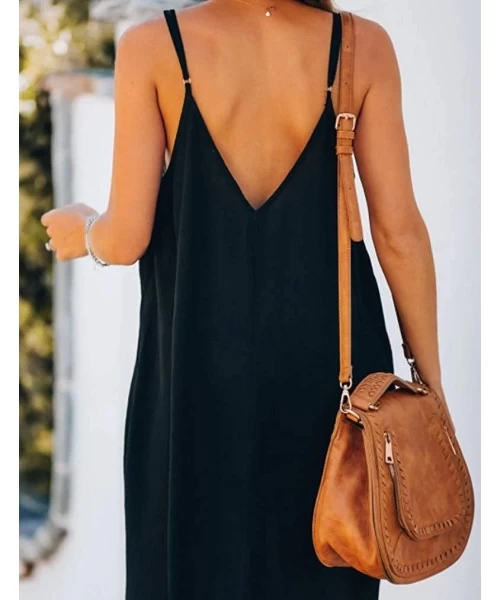 Cover-Ups Womens Casual Strappy V Neck Sleeveless Flowy Pockets Loose Long Maxi Beach Dress Sundress - 01 Black - CI18Q8RIEM5