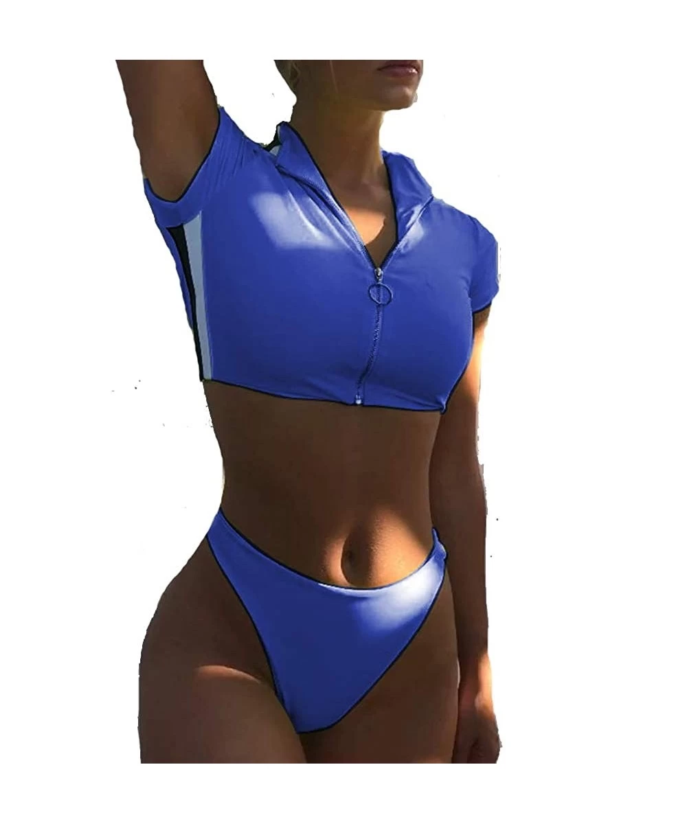 Rash Guards Women Two Piece Swimsuits Zipper Push Up Padded Thong Bikini Set Swimwear - Blue - C818W5GCSHM