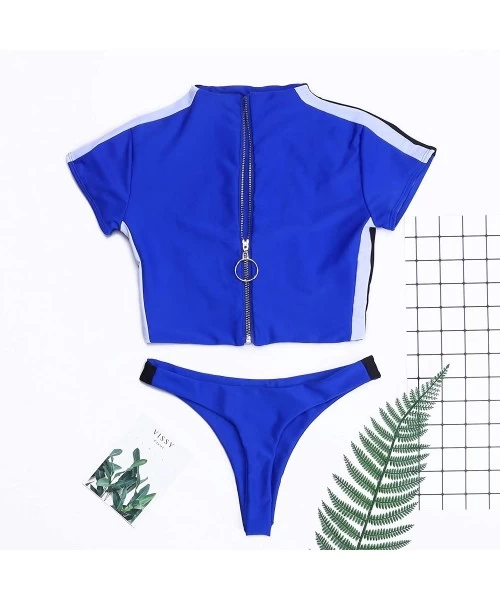 Rash Guards Women Two Piece Swimsuits Zipper Push Up Padded Thong Bikini Set Swimwear - Blue - C818W5GCSHM