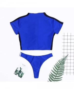 Rash Guards Women Two Piece Swimsuits Zipper Push Up Padded Thong Bikini Set Swimwear - Blue - C818W5GCSHM