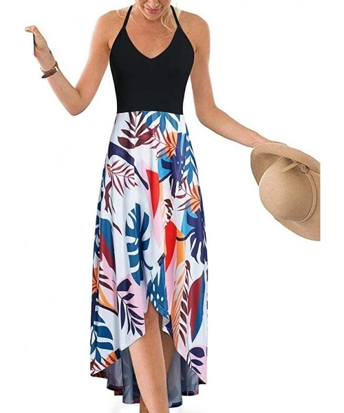 Rash Guards 2018 Women Sleeveless Floral Print Maxi Long Dress with Pockets O-Neck Beach - Blue5 - C918STZ0HH6