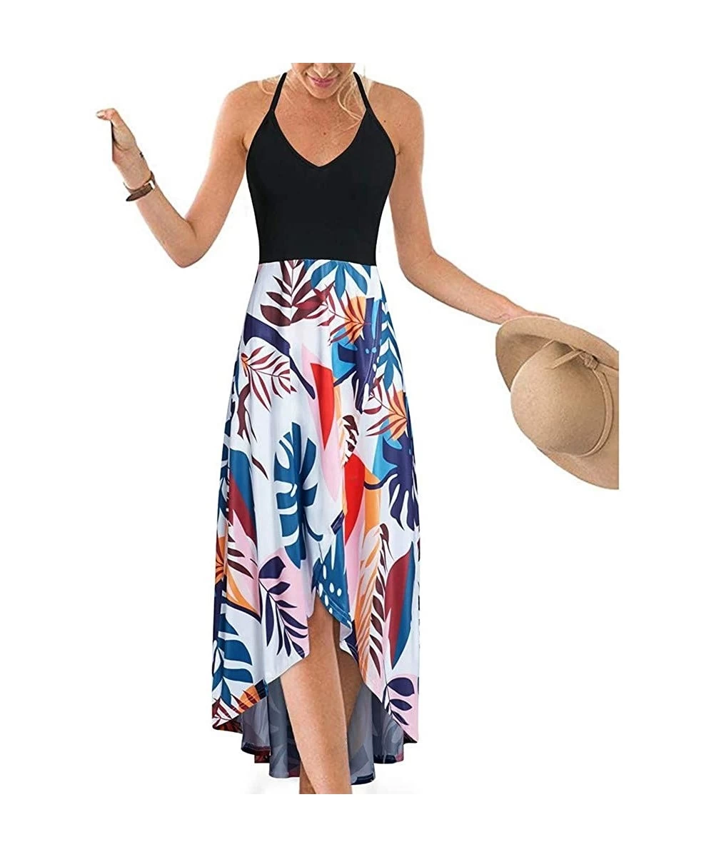 Rash Guards 2018 Women Sleeveless Floral Print Maxi Long Dress with Pockets O-Neck Beach - Blue5 - C918STZ0HH6